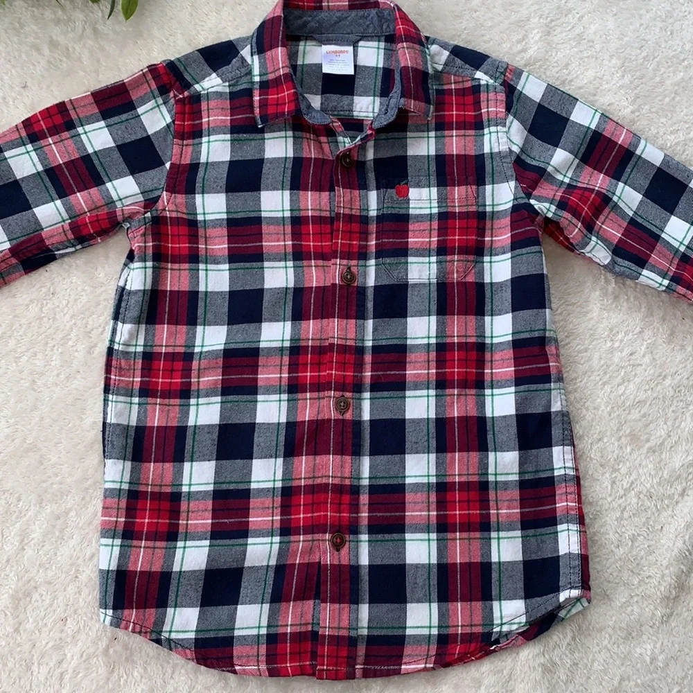 Gymboree Head of the Class Flannel Shirt Boys 5T Red Blue White EUC